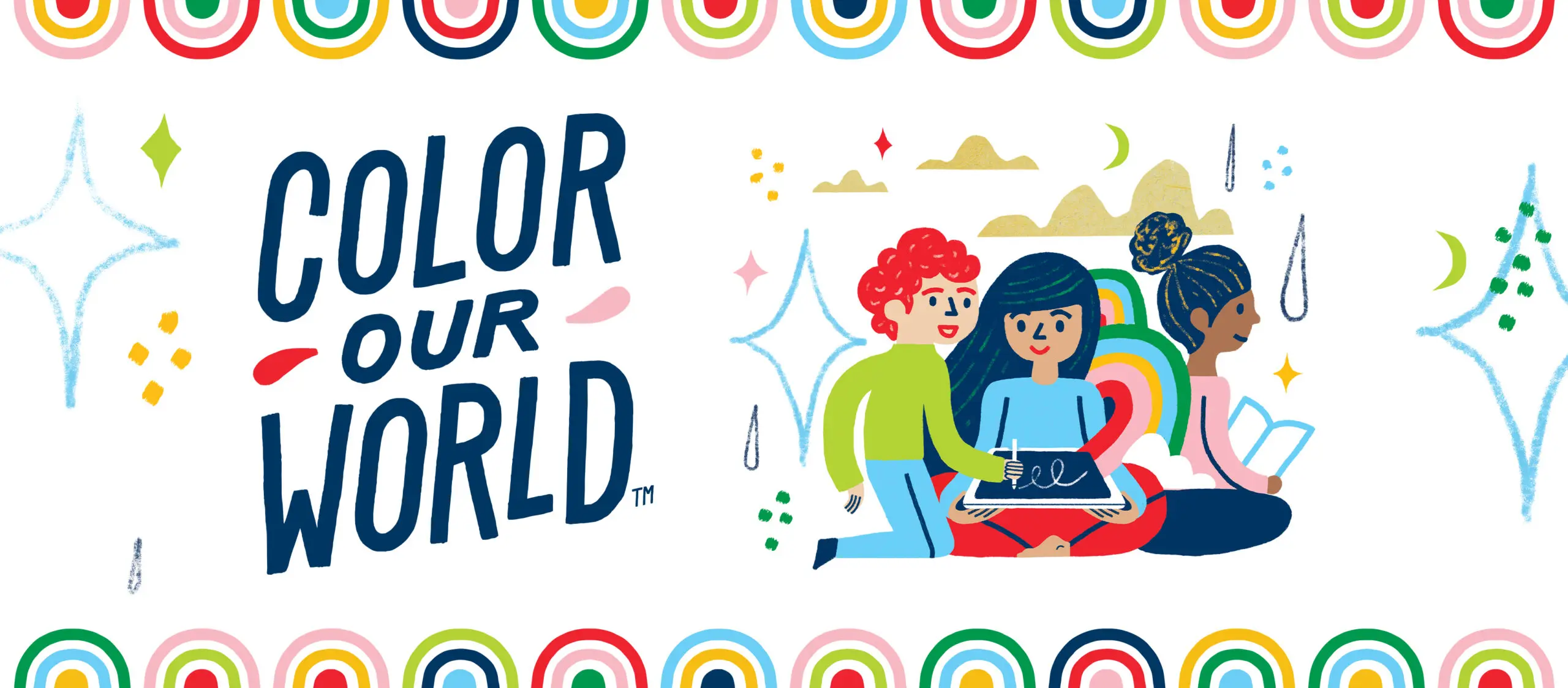 Colorful doodles form a backdrop to three children reading books and drawing.