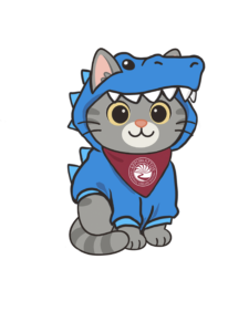 Mascot cat named 'Mouse' wearing a blue dinosaur costume with red bandana logo around her neck