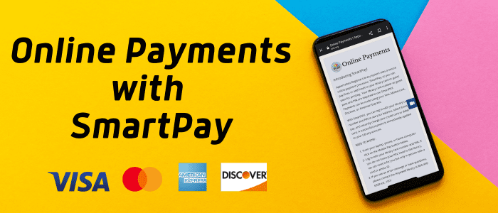 Yellow, Blue and pink background. Text reads Online Payments with SmartPay in black. Next to it is a phone with the online payments page for ARLS. At the bottom are the logos for Visa, Mastercard, American Express, and Discover