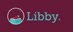 Top of head seen blocked by a book within a circle with the word Libby. next to it.